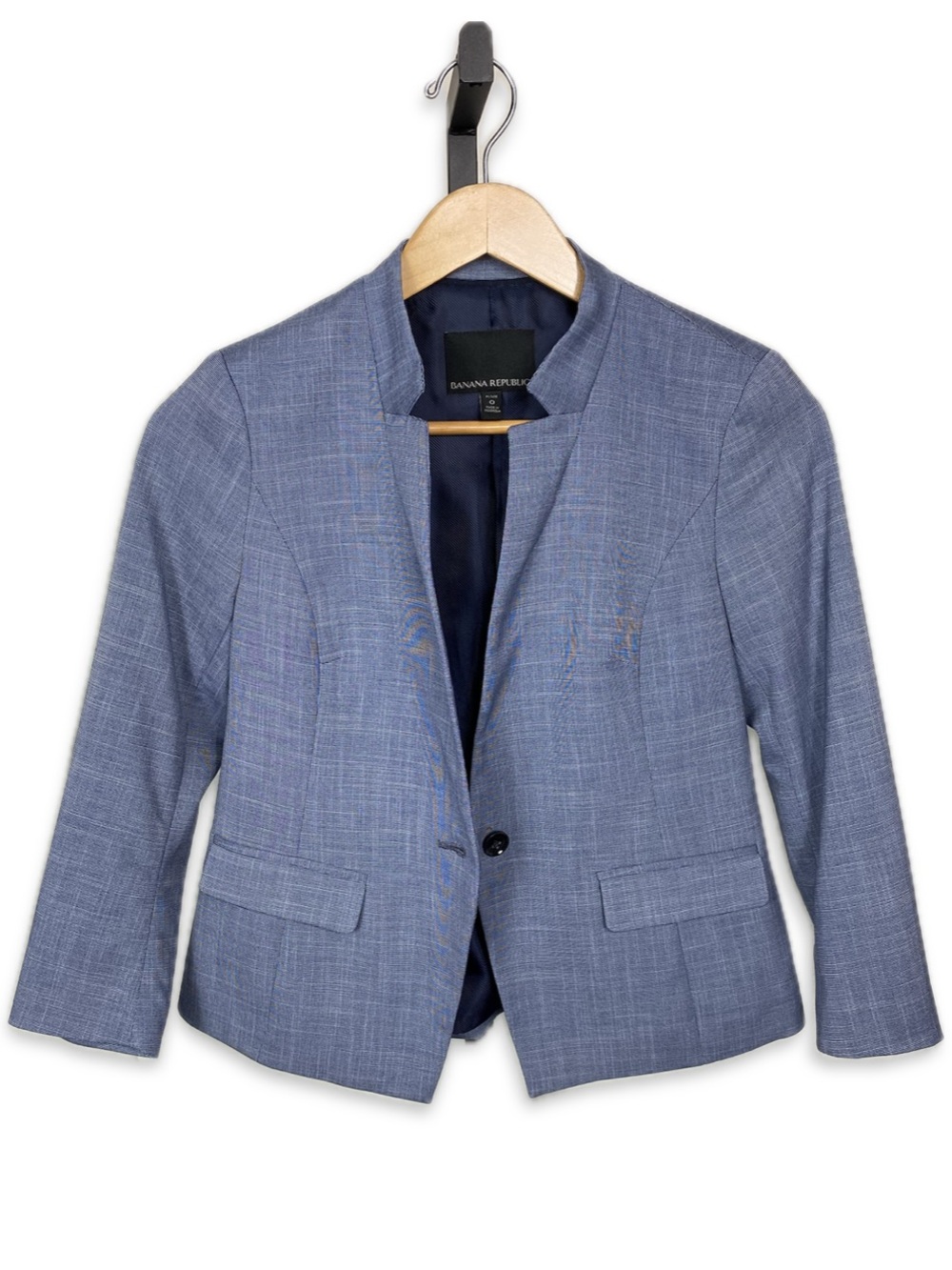 Banana Republic Women's Tailored Petite Collarless Blazer Blue Cropped Jacket